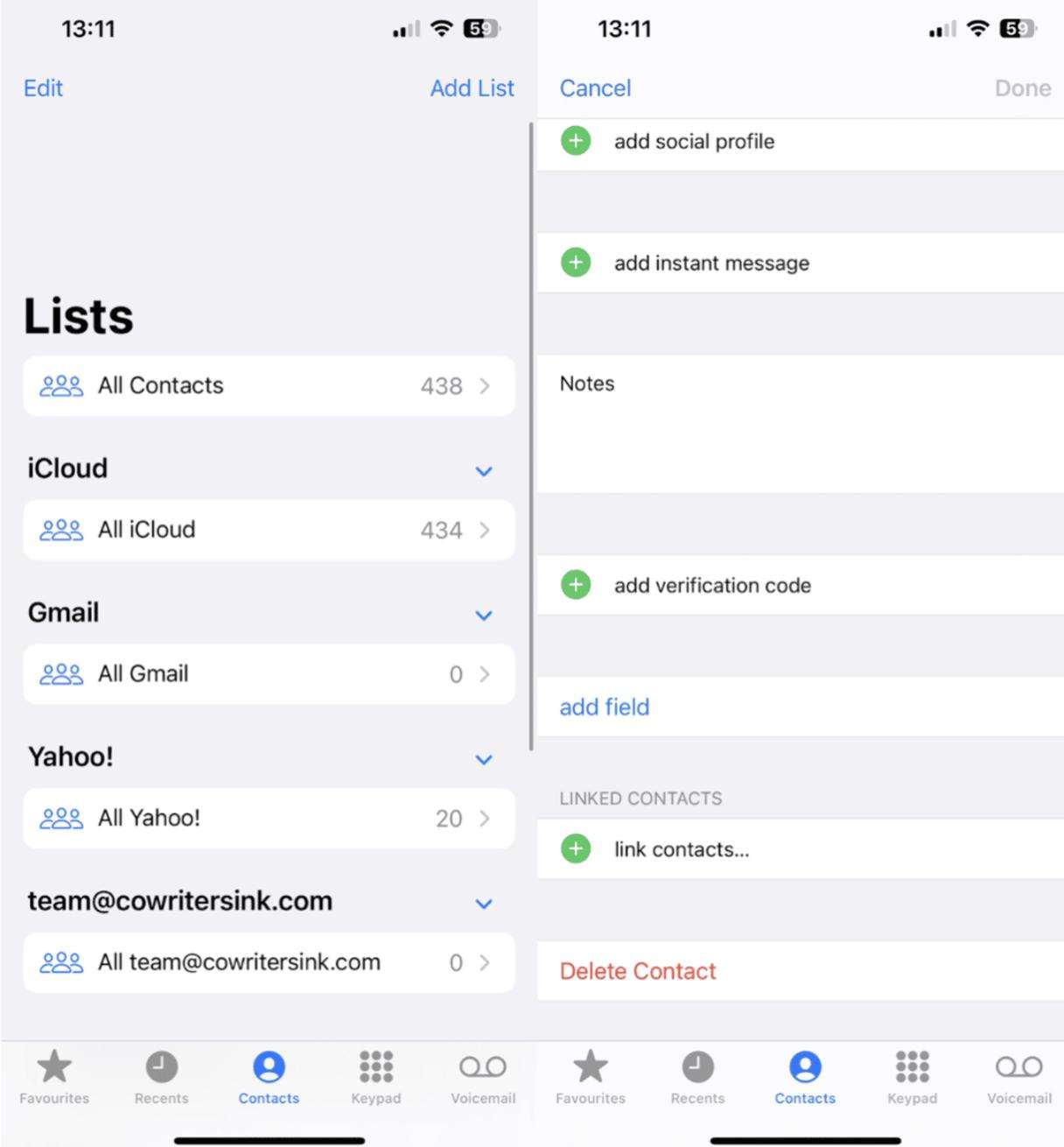 Link cards in Contacts app