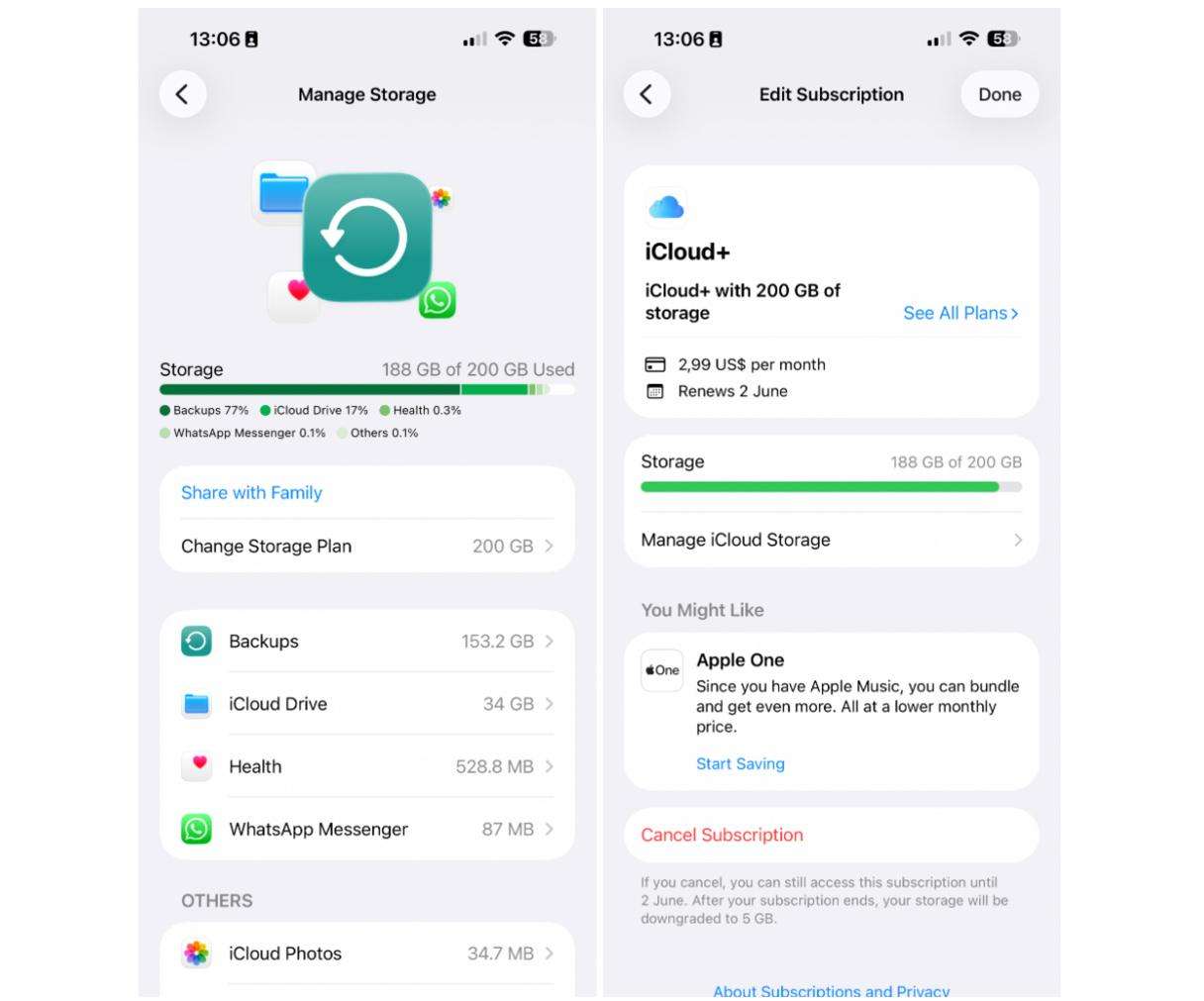 How to change iCloud plan on iPhone