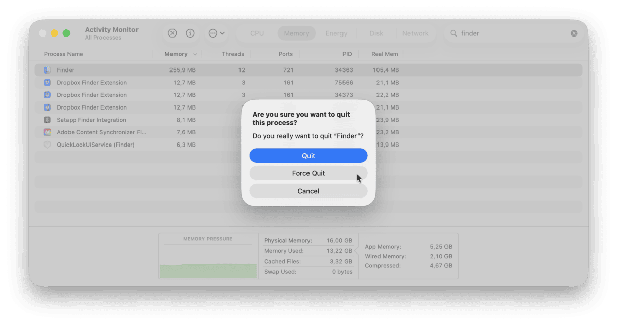 How to quit the Finder in Activity Monitor