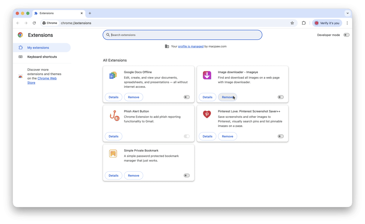 Rimuovi le estensioni del browser
