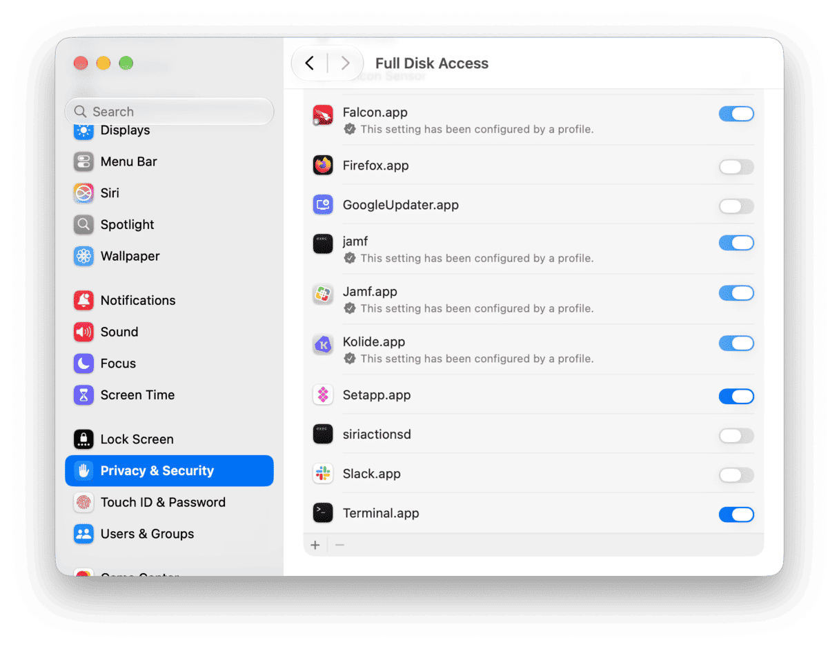 Ensure Full Disk Access is enabled