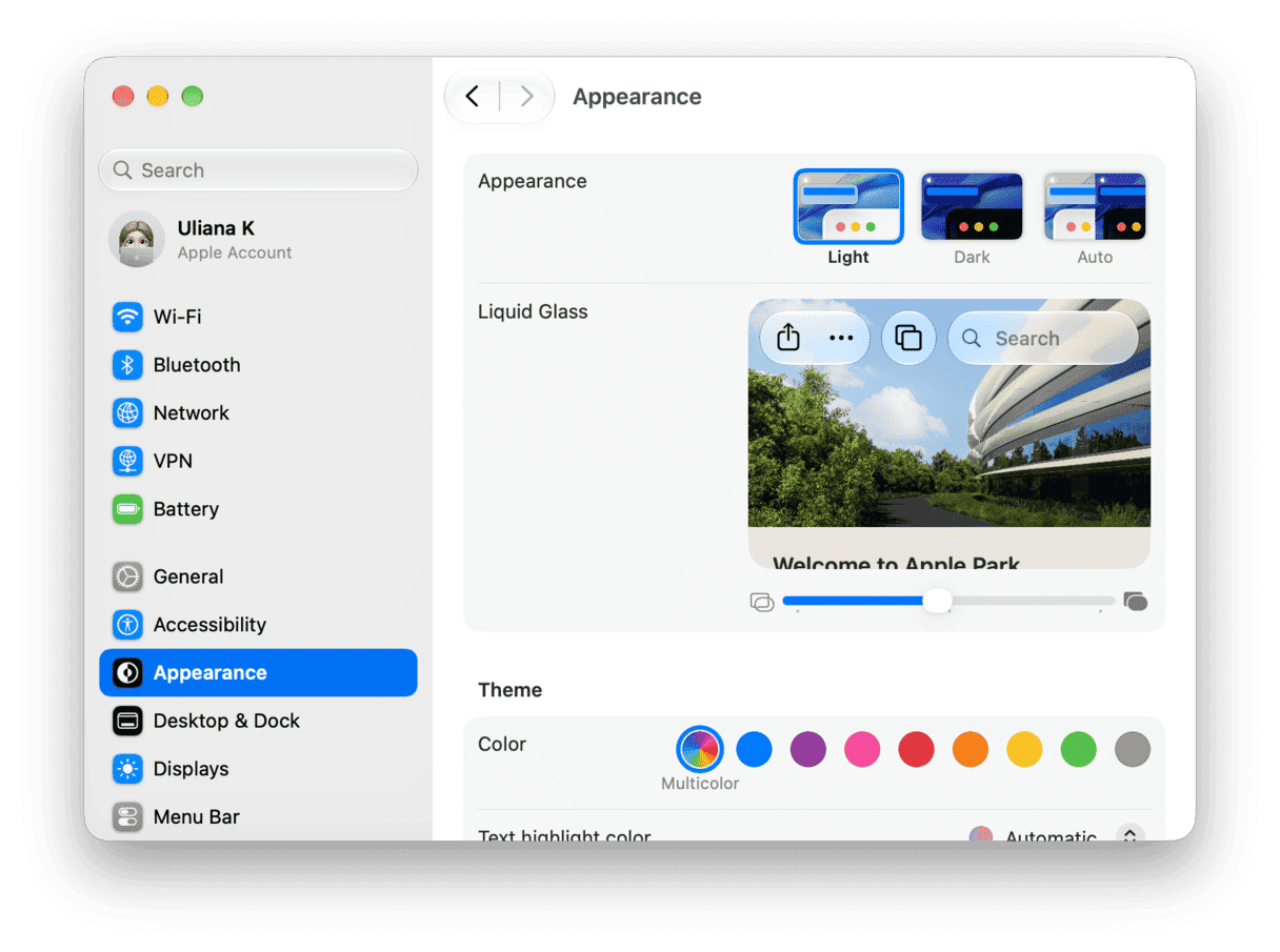 Liquid Glass settings on Mac