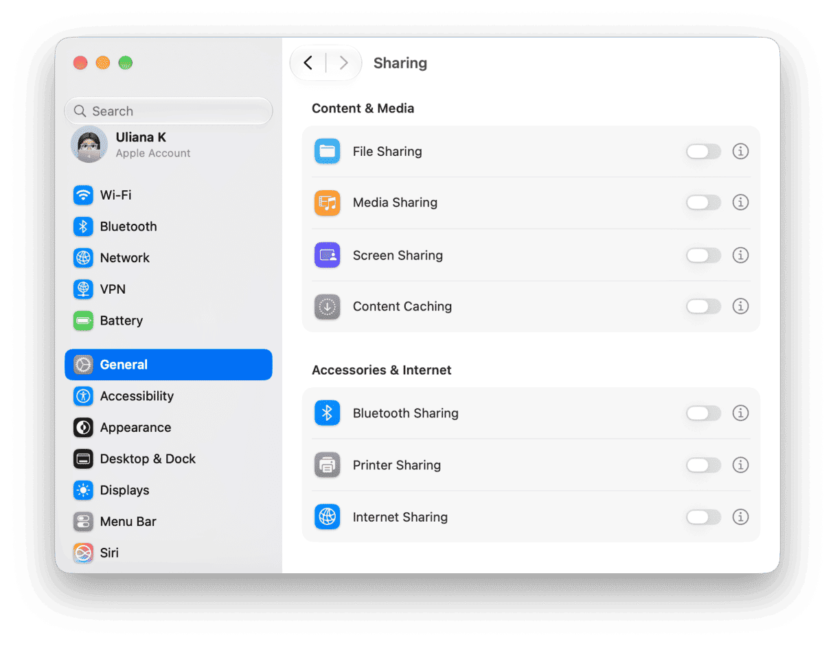 Sharing settings on Mac