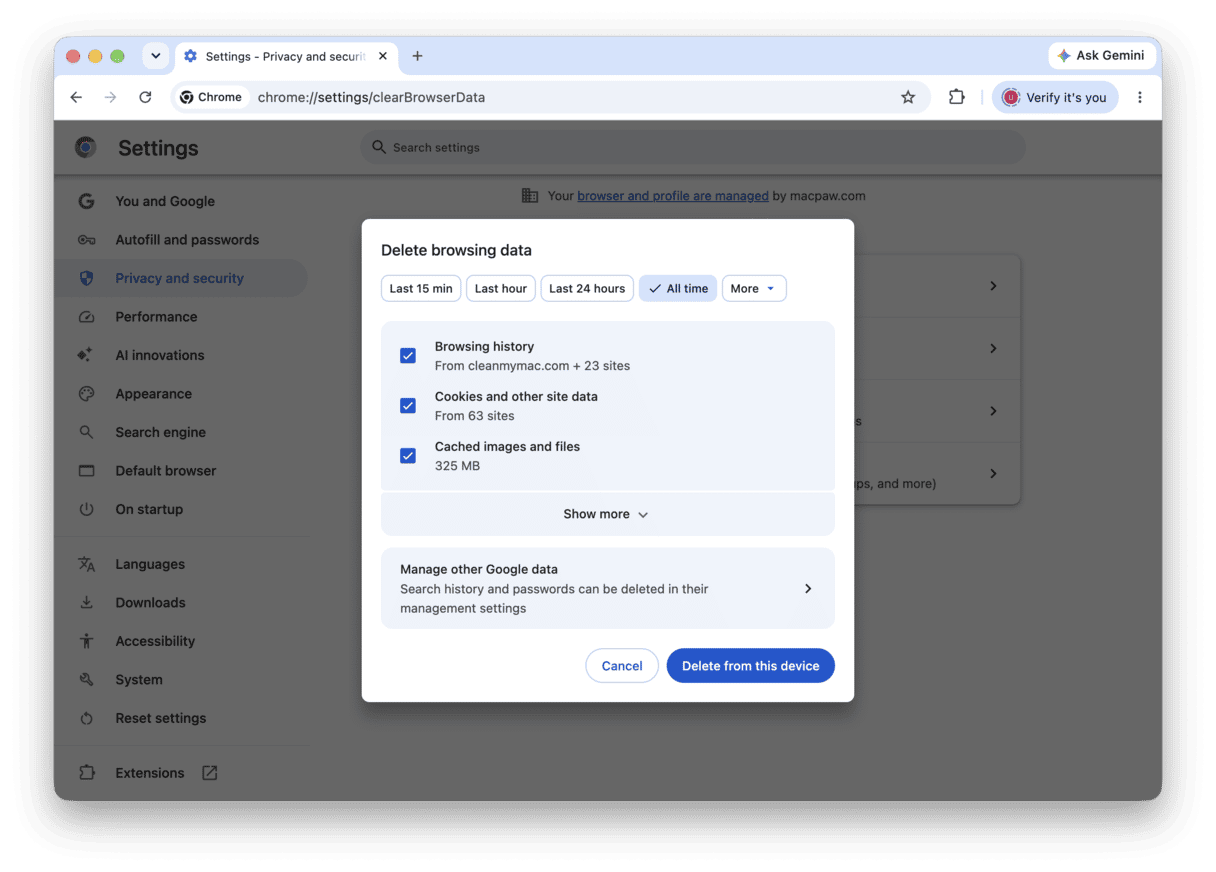 delete browser data in Chrome
