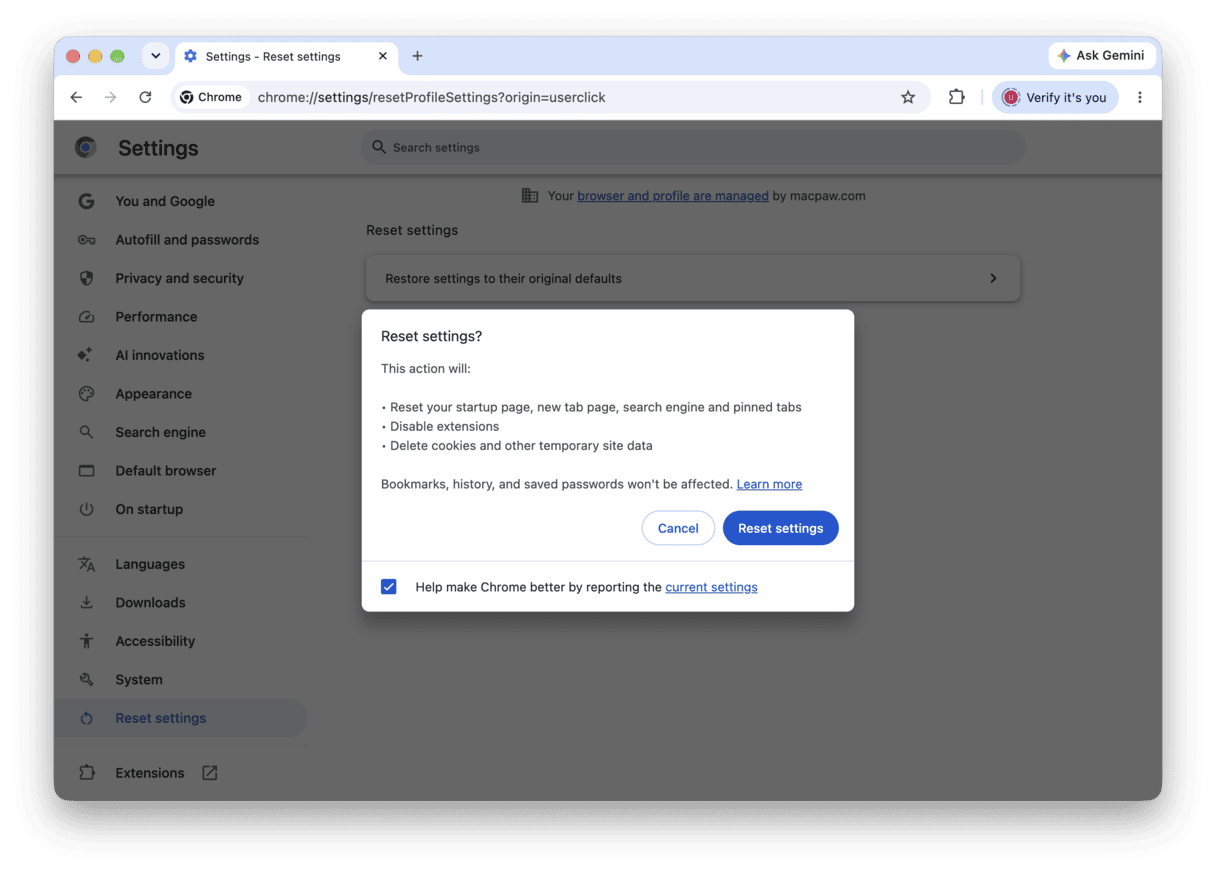How to reset Chrome