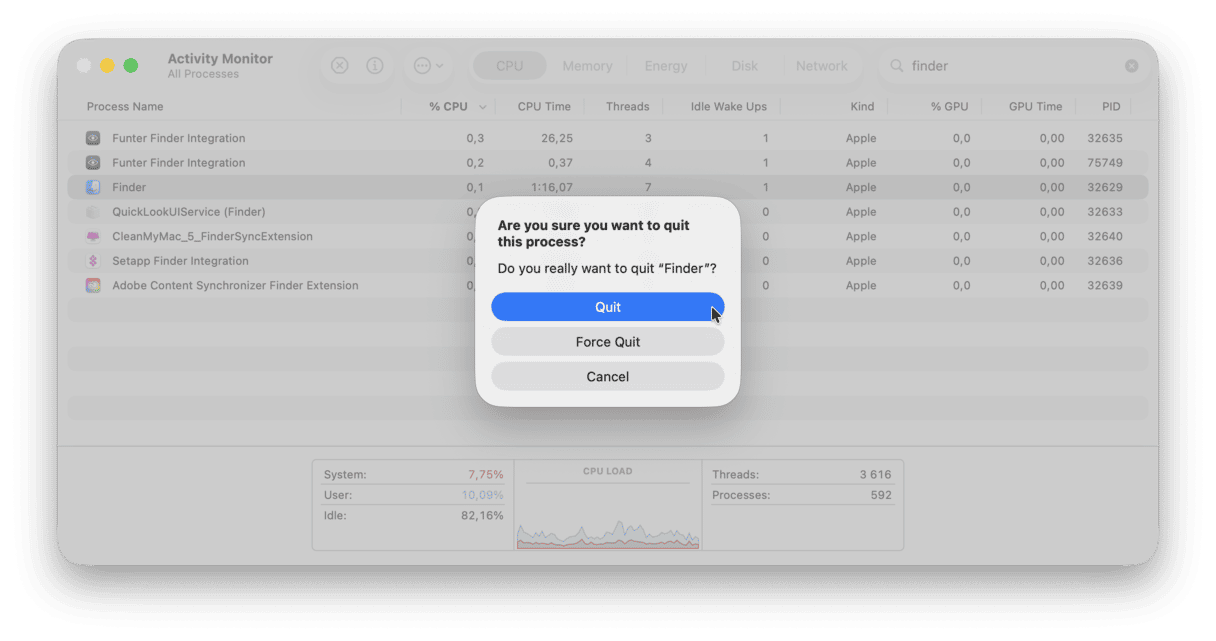 How to quit Finder via Activity Monitor on Mac
