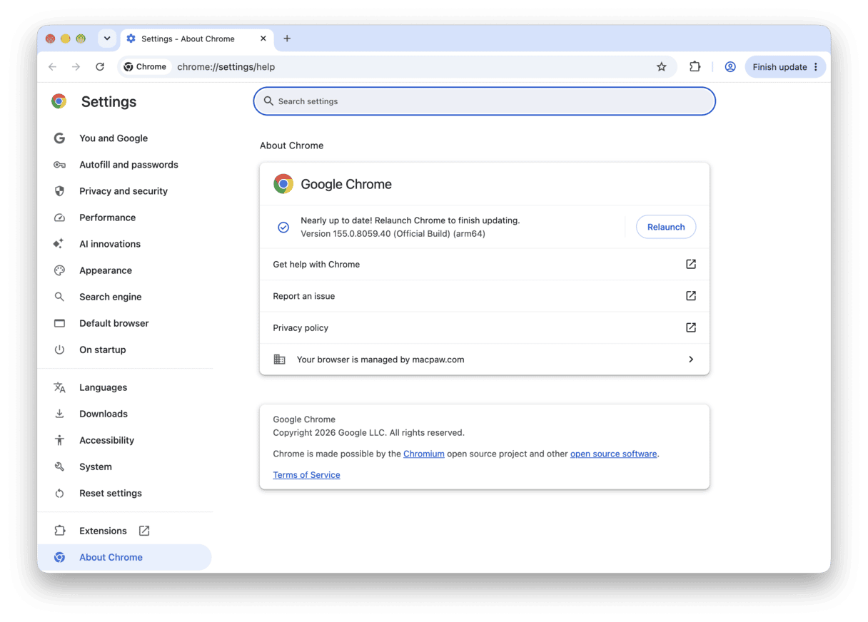 Google Chrome main menu &ndash; About Chrome