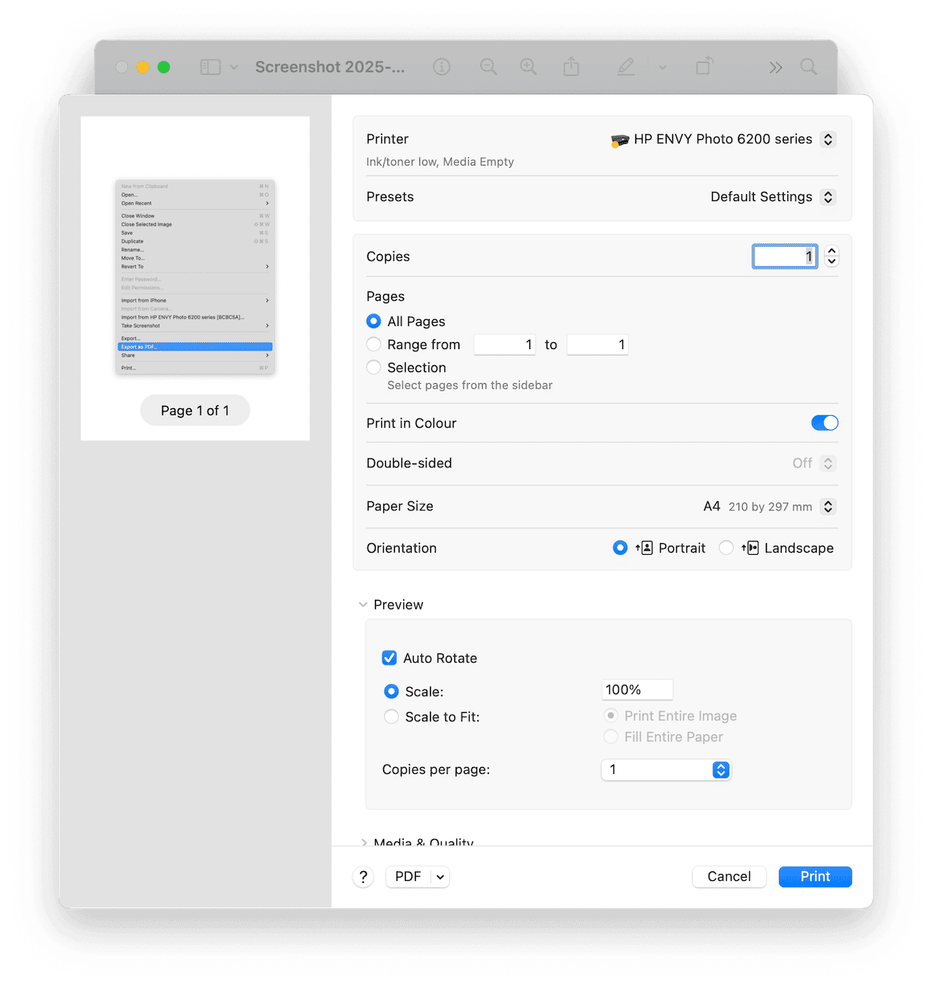 press Command - P inside Preview, it opens the Print window