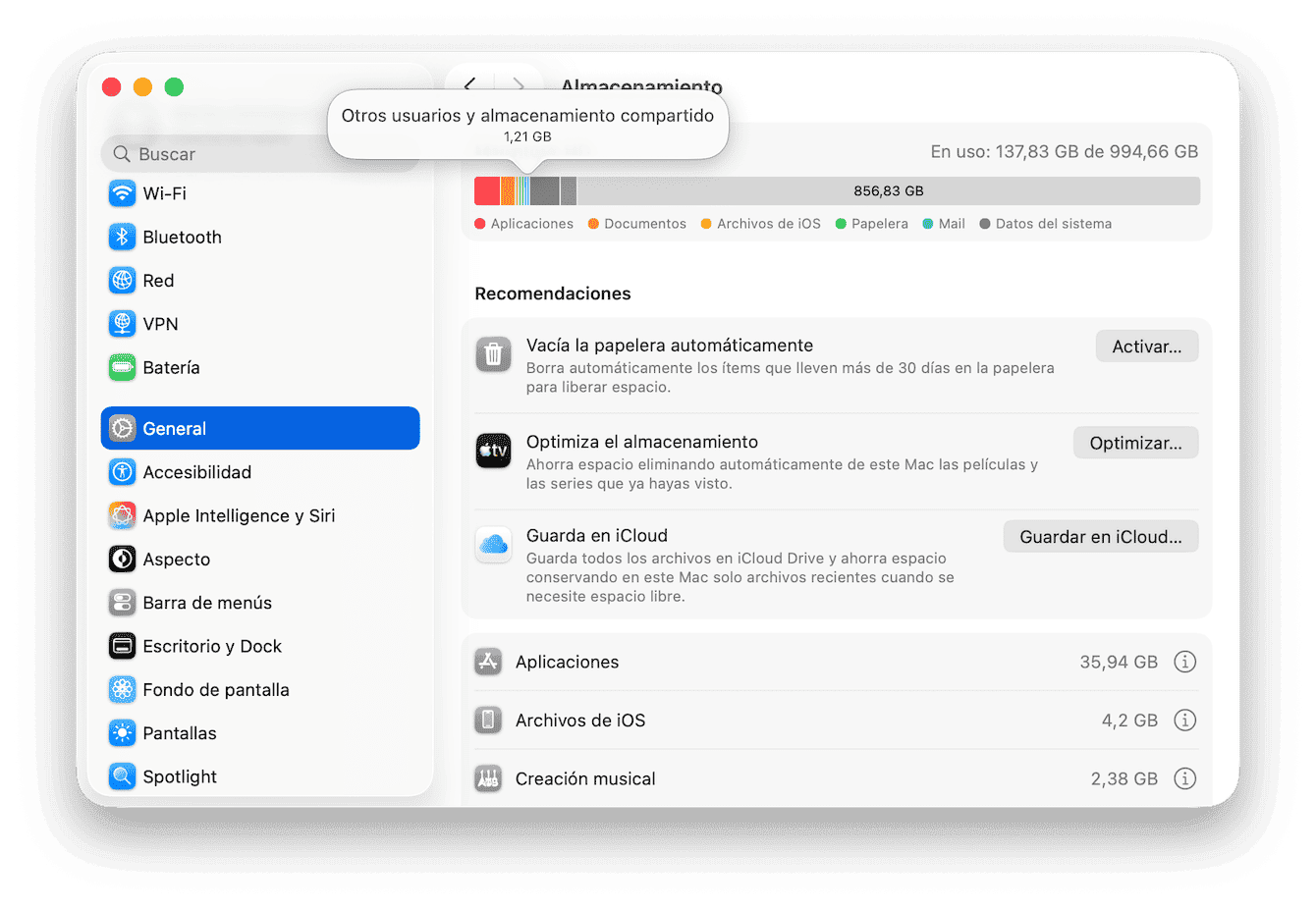 "Otros usuarios" en el Almacenamiento del Mac