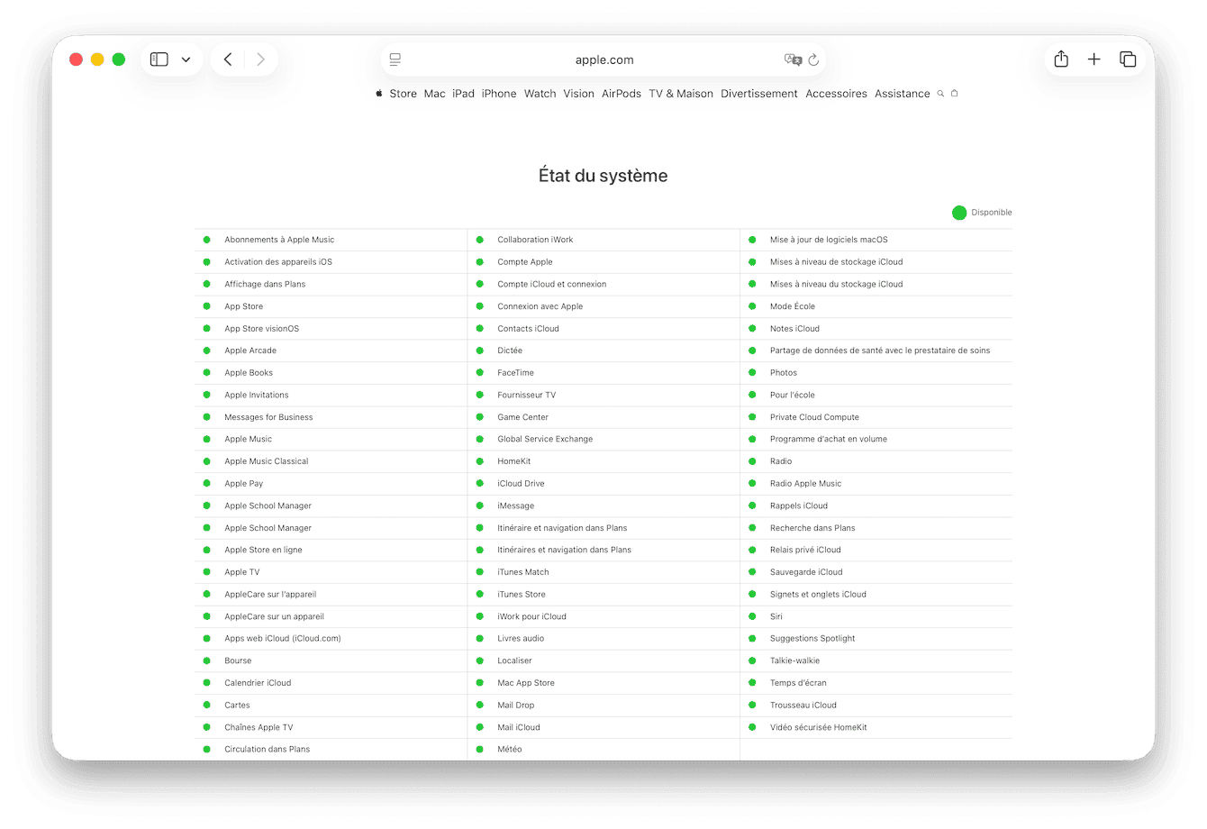 l'&eacute;tat des syst&egrave;mes Apple