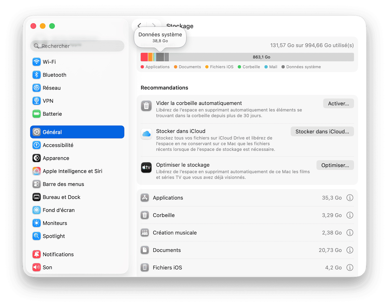 R&eacute;glages Syst&egrave;me&nbsp;> G&eacute;n&eacute;ral >&nbsp;Stockage