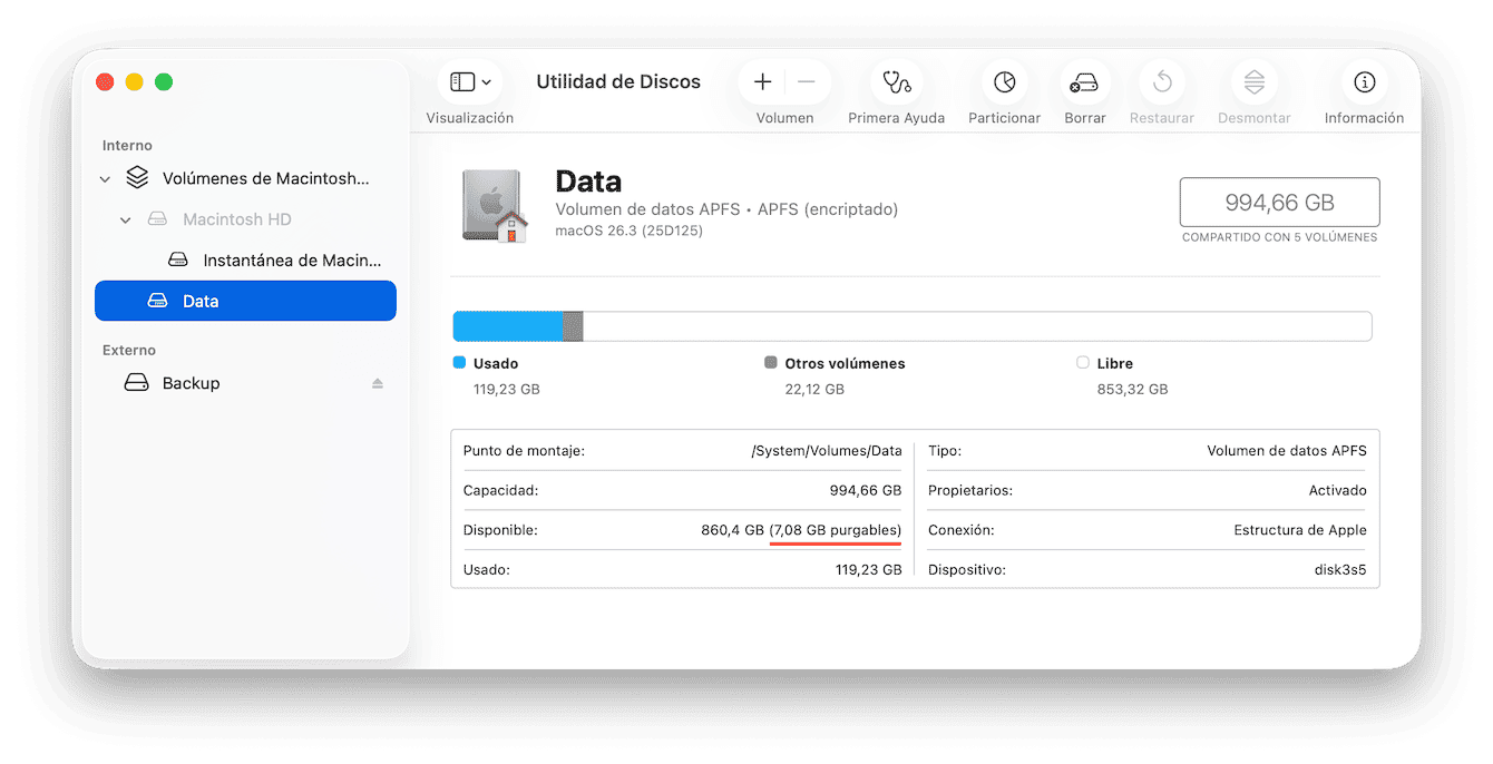 C&oacute;mo verificar el espacio purgable en Mac