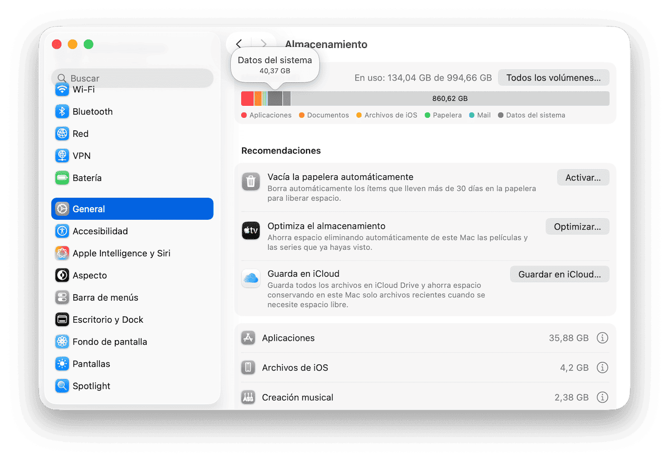 Ajustes del Sistema > General > Almacenamiento