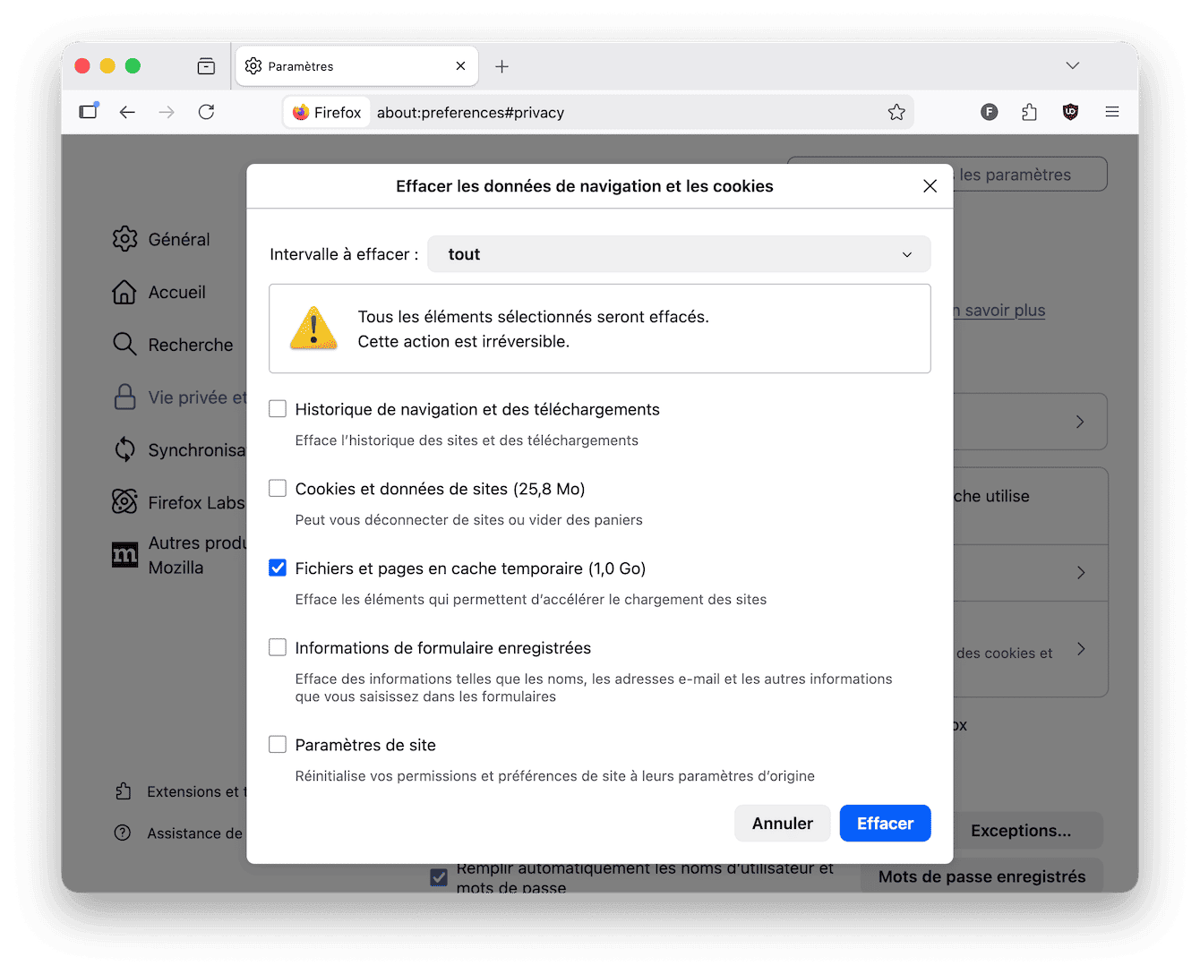 Pour supprimer le cache de Firefox