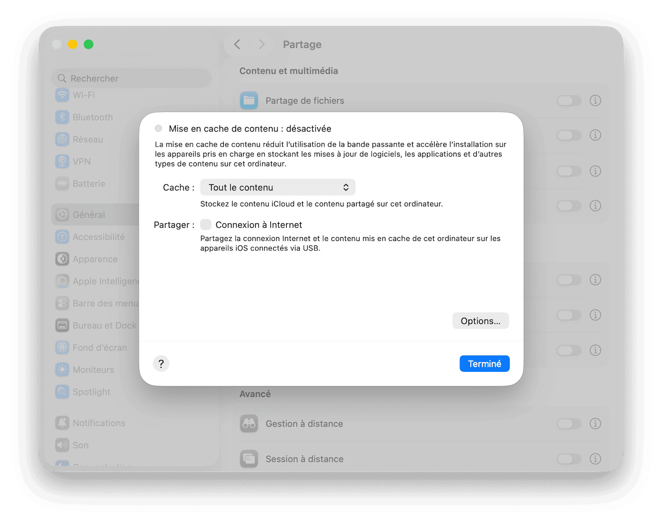 R&eacute;glages Syst&egrave;me > G&eacute;n&eacute;ral > Partage