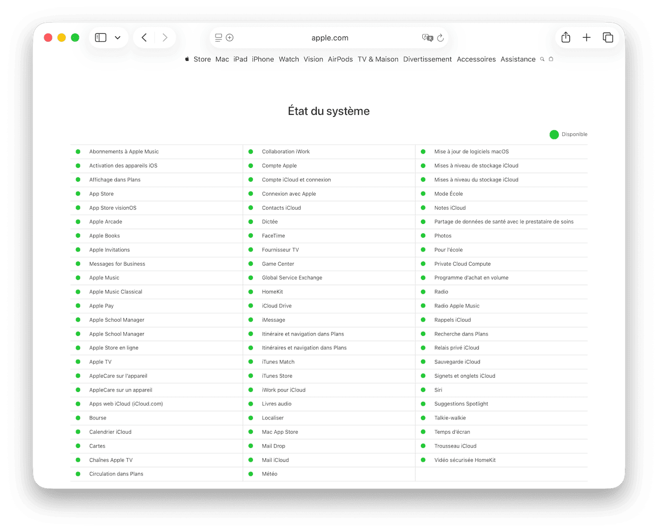 V&eacute;rifiez l'&eacute;tat des serveurs d'Apple