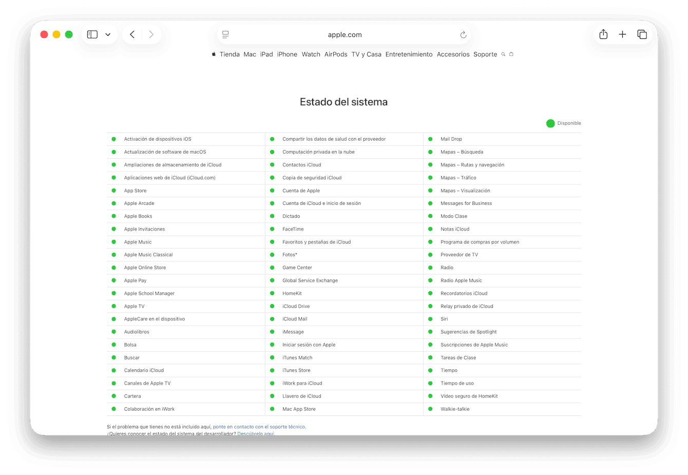 la p&aacute;gina de&nbsp;estado del sistema de Apple