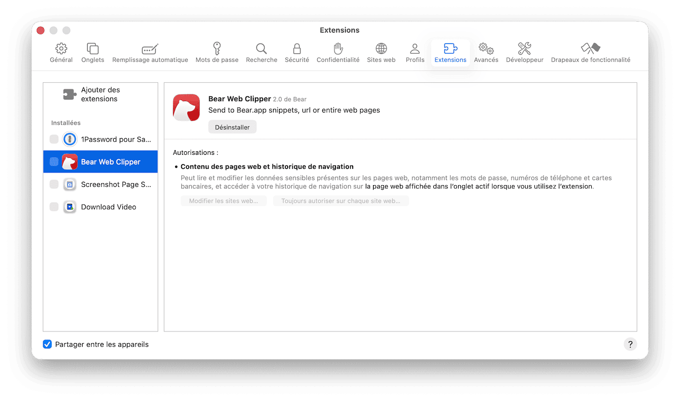 V&eacute;rification des extensions Safari
