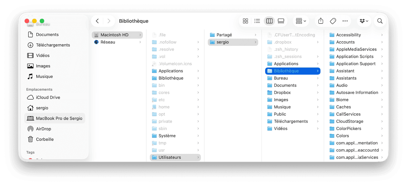 Localiser le dossier Biblioth&egrave;que cach&eacute;