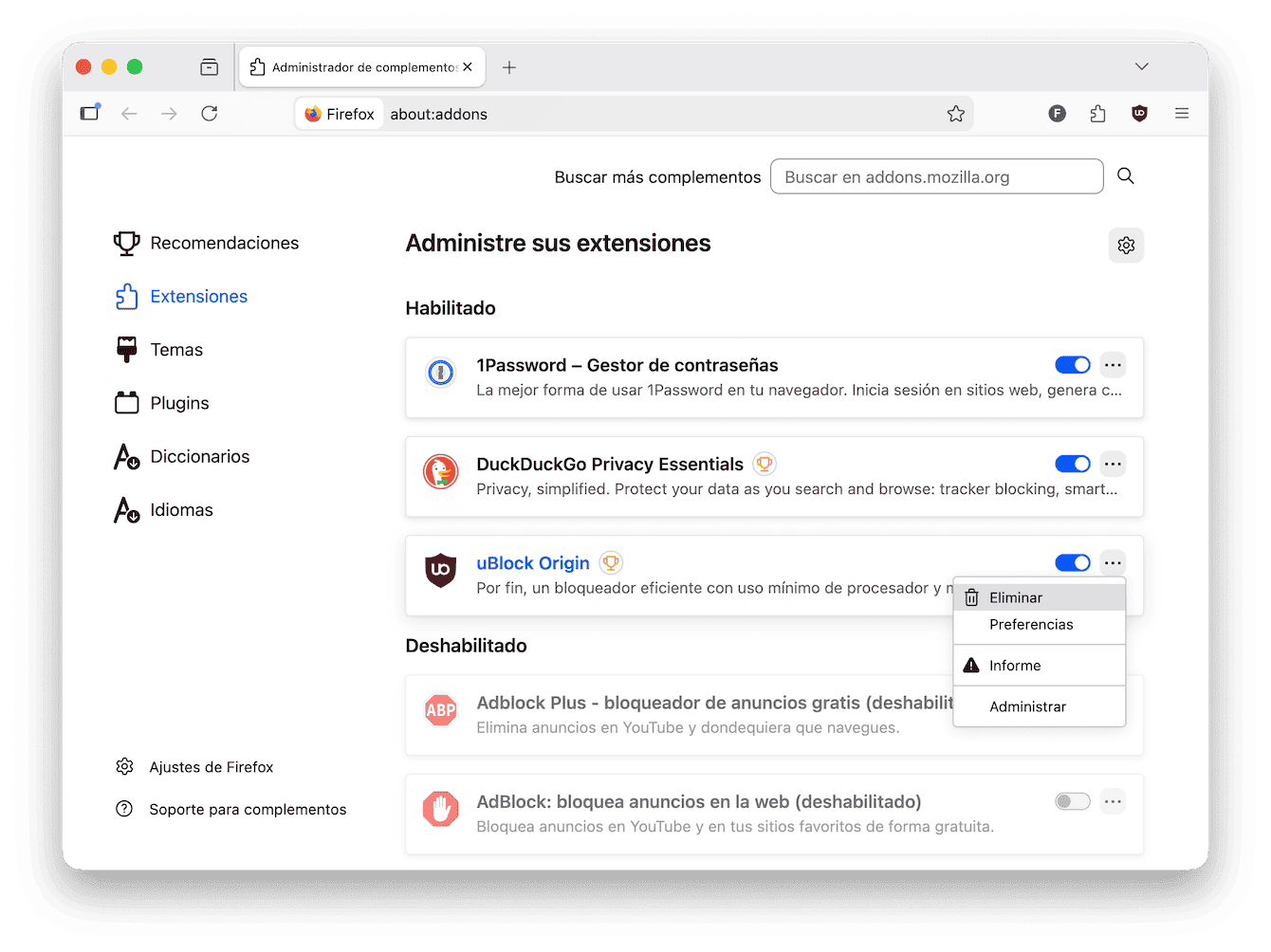 C&oacute;mo revisar las extensiones de Firefox