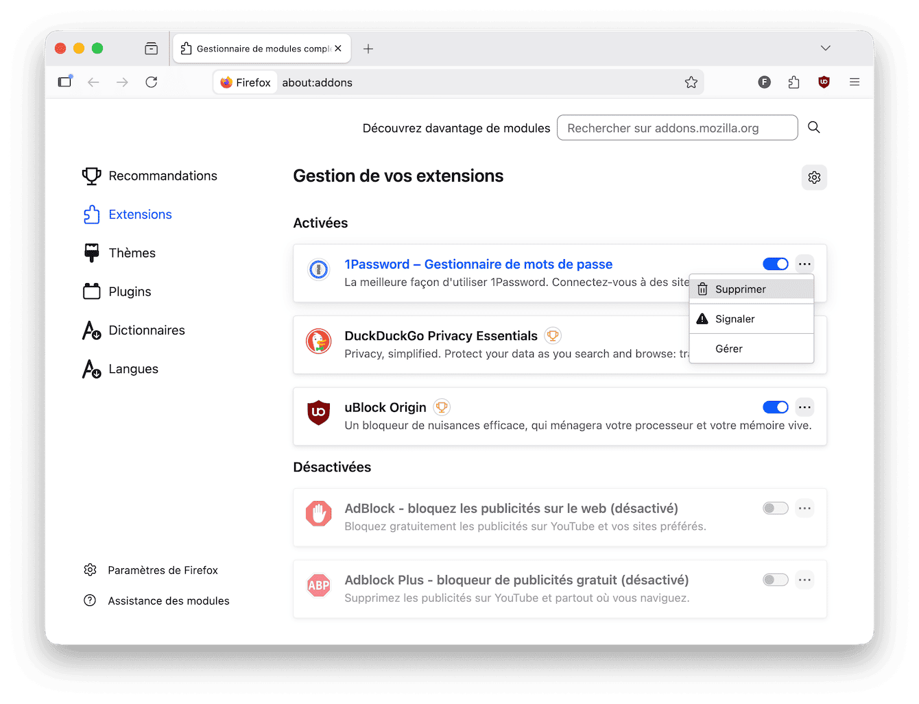 V&eacute;rification des extensions Firefox