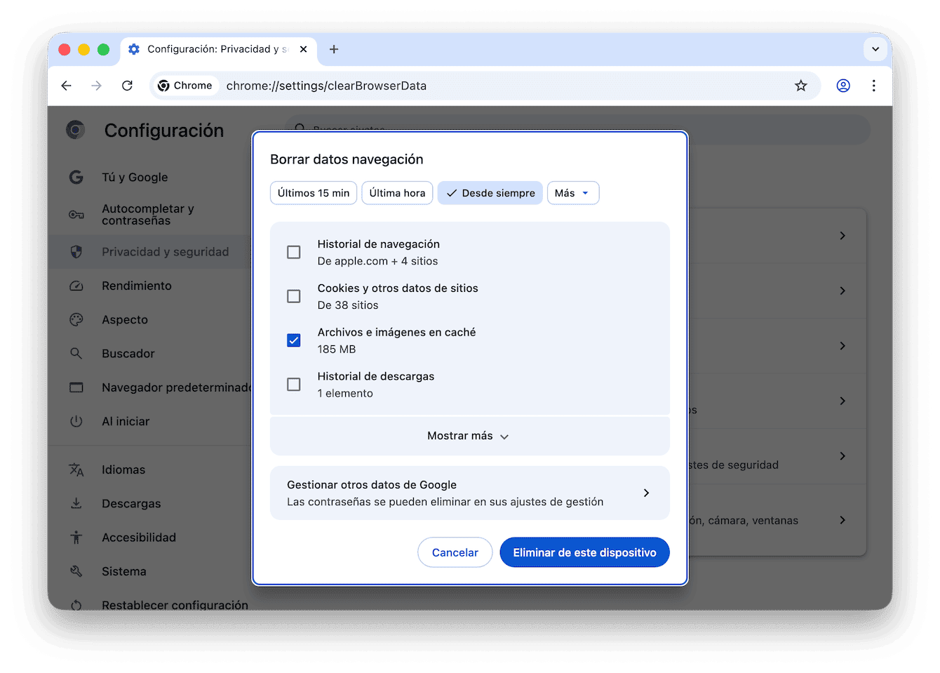 C&oacute;mo borrar la cach&eacute; de navegador en Chrome