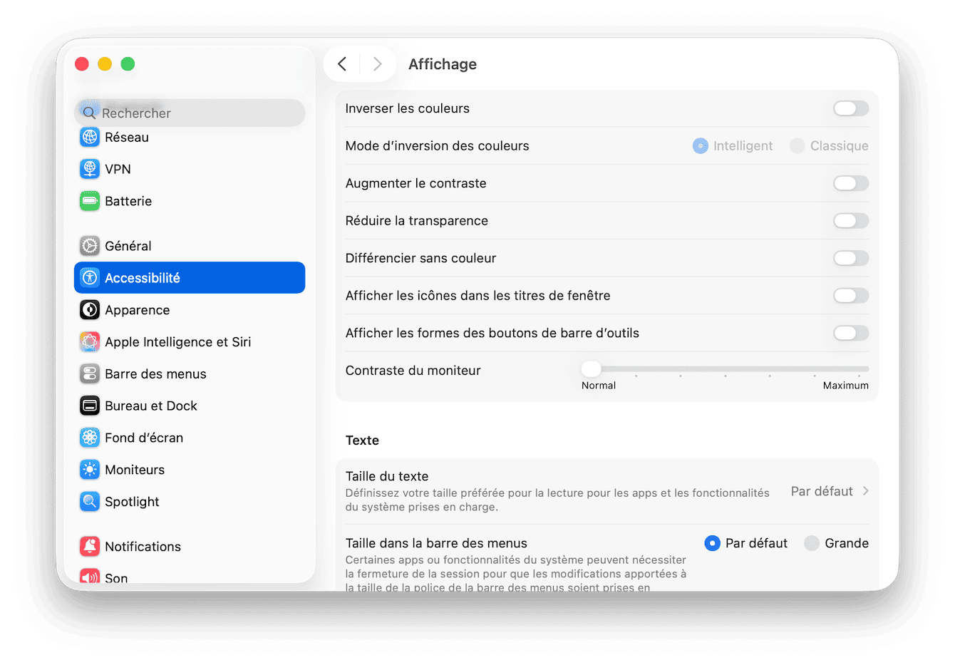 Utilisez Pr&eacute;f&eacute;rences Syst&egrave;me/R&eacute;glages Syst&egrave;me