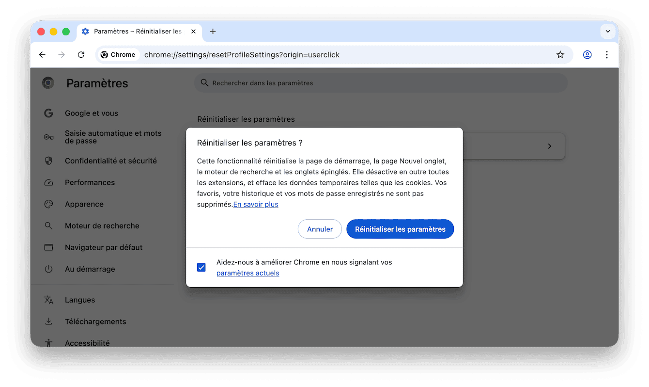 Cliquez sur R&eacute;initialiser les param&egrave;tres dans le menu lat&eacute;ral, puis suivez les instructions qui s'affichent &agrave; l'&eacute;cran