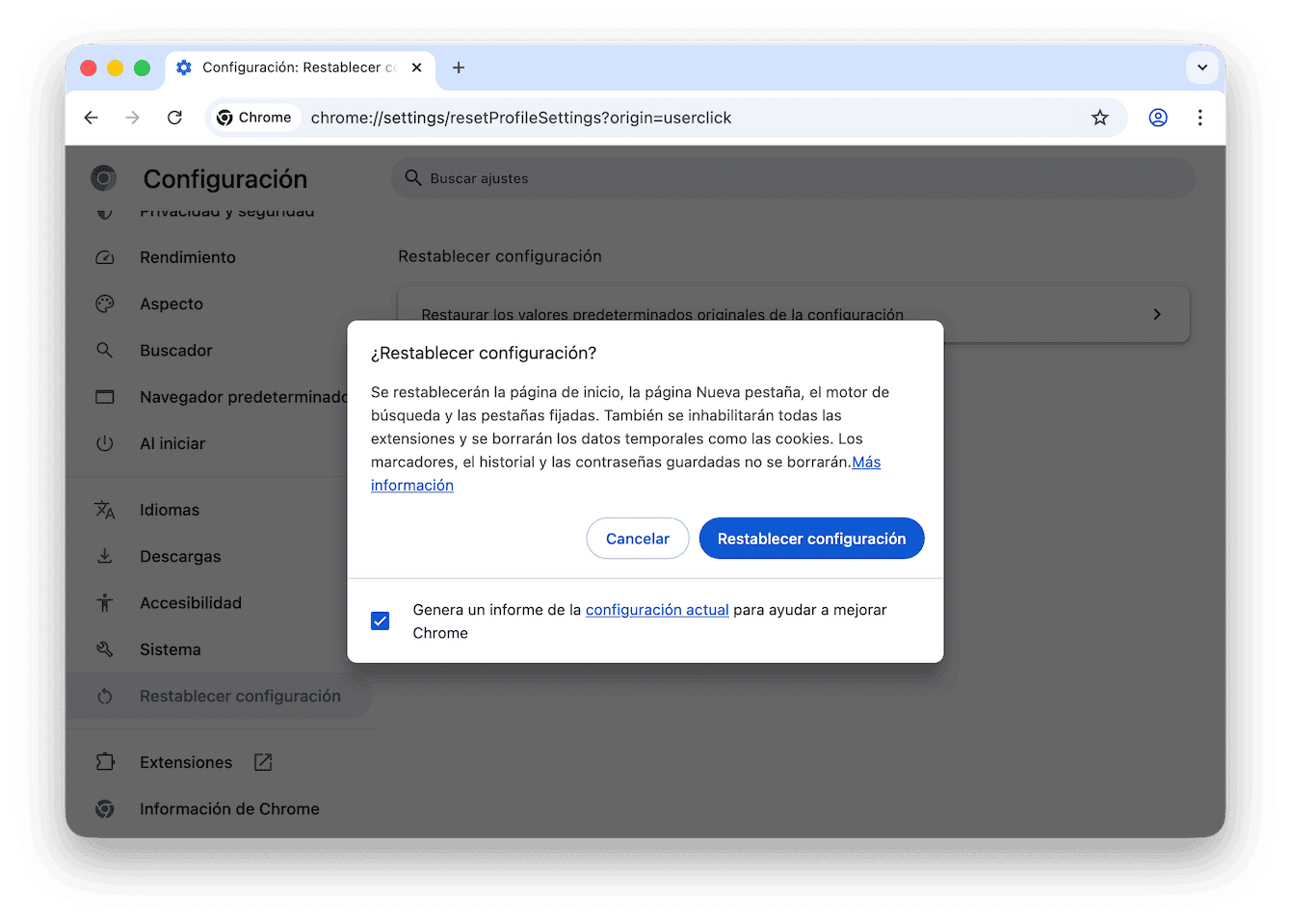 Abra Chrome, ve al men&uacute; de los tres puntos en la parte superior derecha y selecciona Configuraci&oacute;n