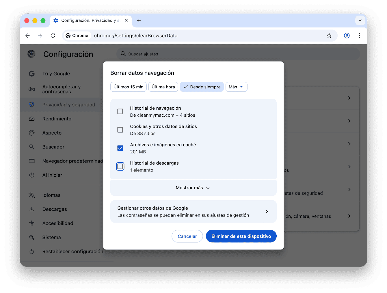 C&oacute;mo borrar la cach&eacute; del navegador en Chrome