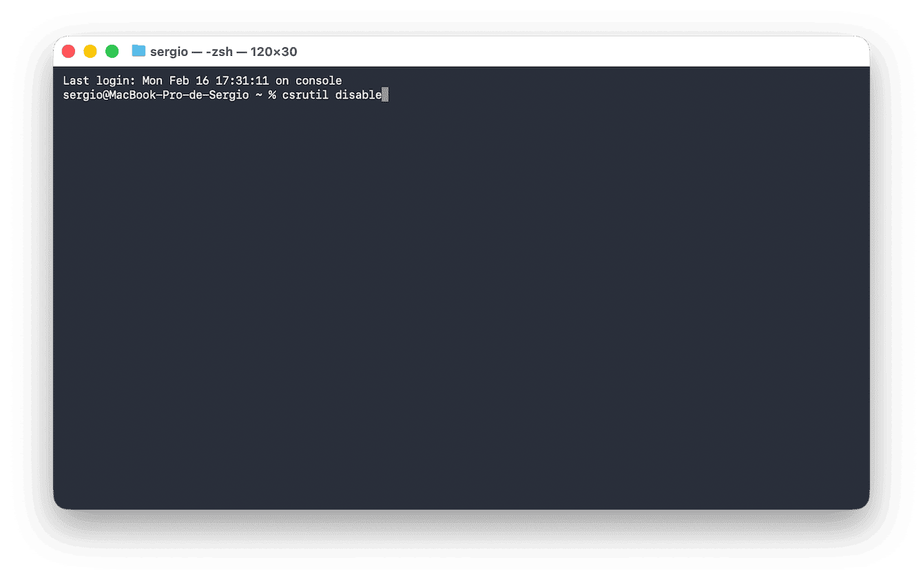 Tapez csrutil disable et appuyez sur Entr&eacute;e
