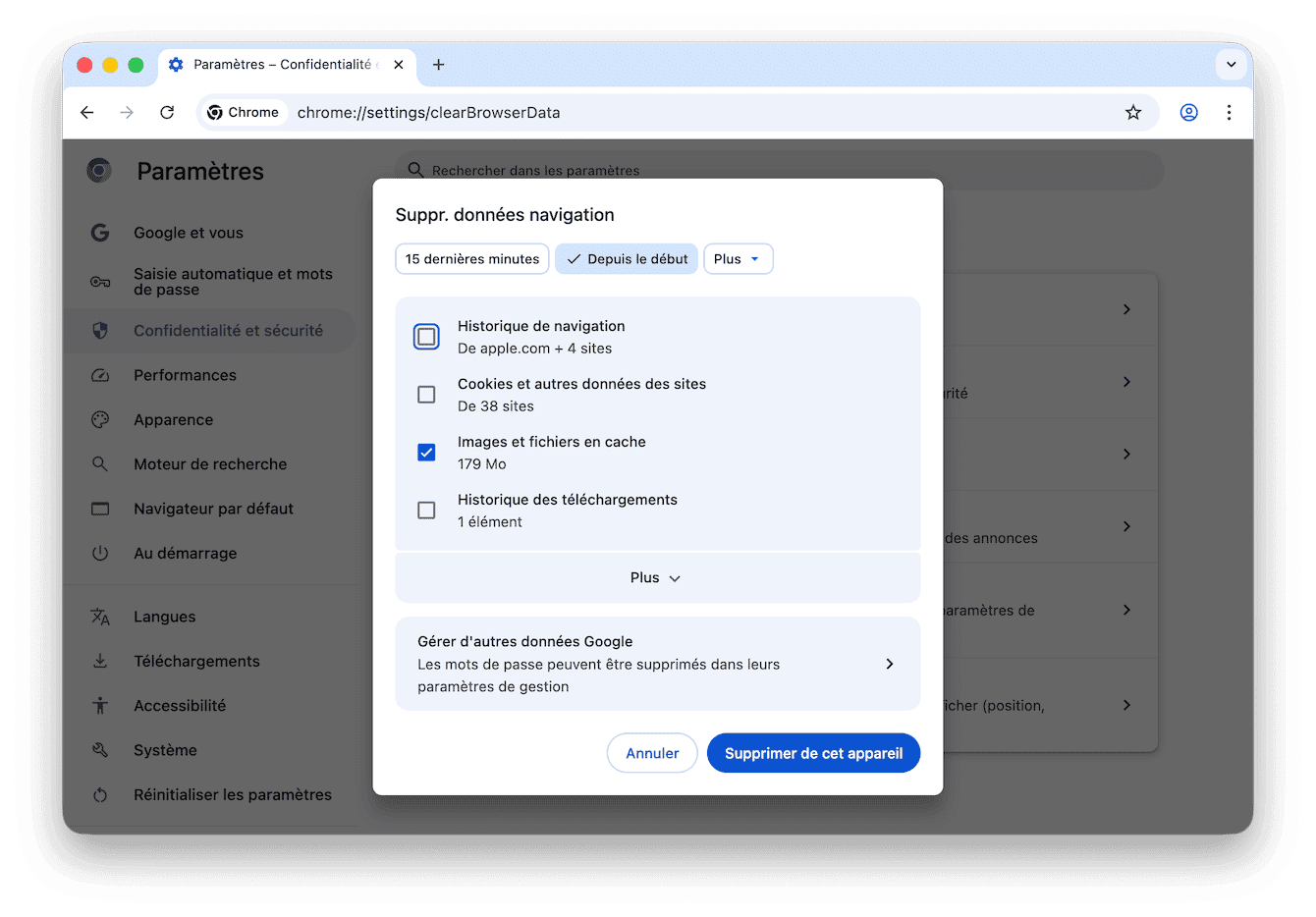 Pour supprimer le cache de Chrome