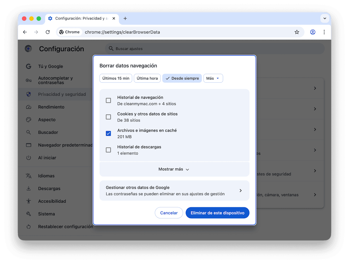 C&oacute;mo borrar la cach&eacute; en Chrome