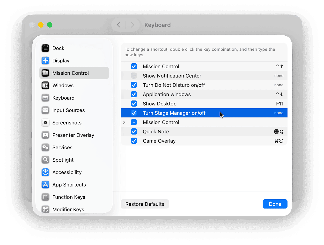 Keyboard Shortcuts > Mission Control