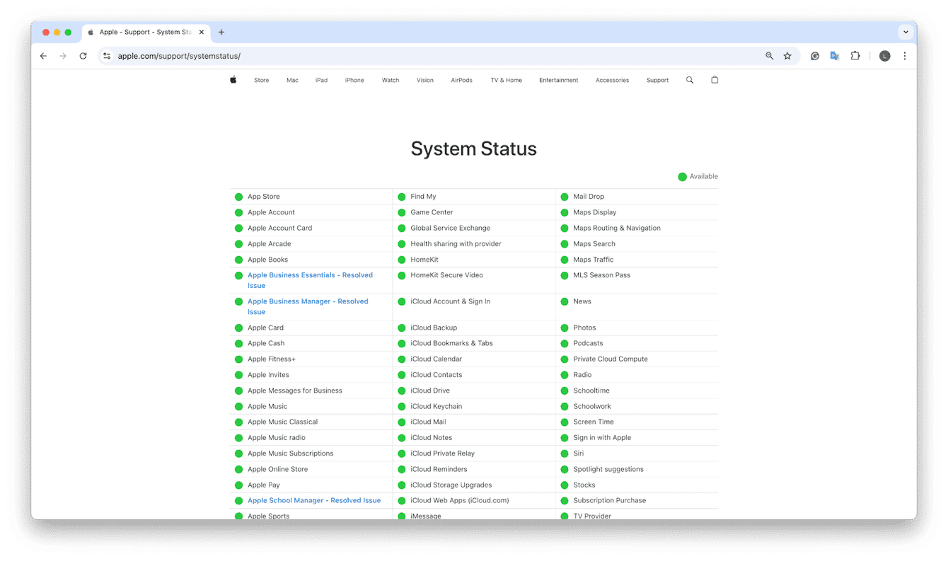 Apple's System Status page