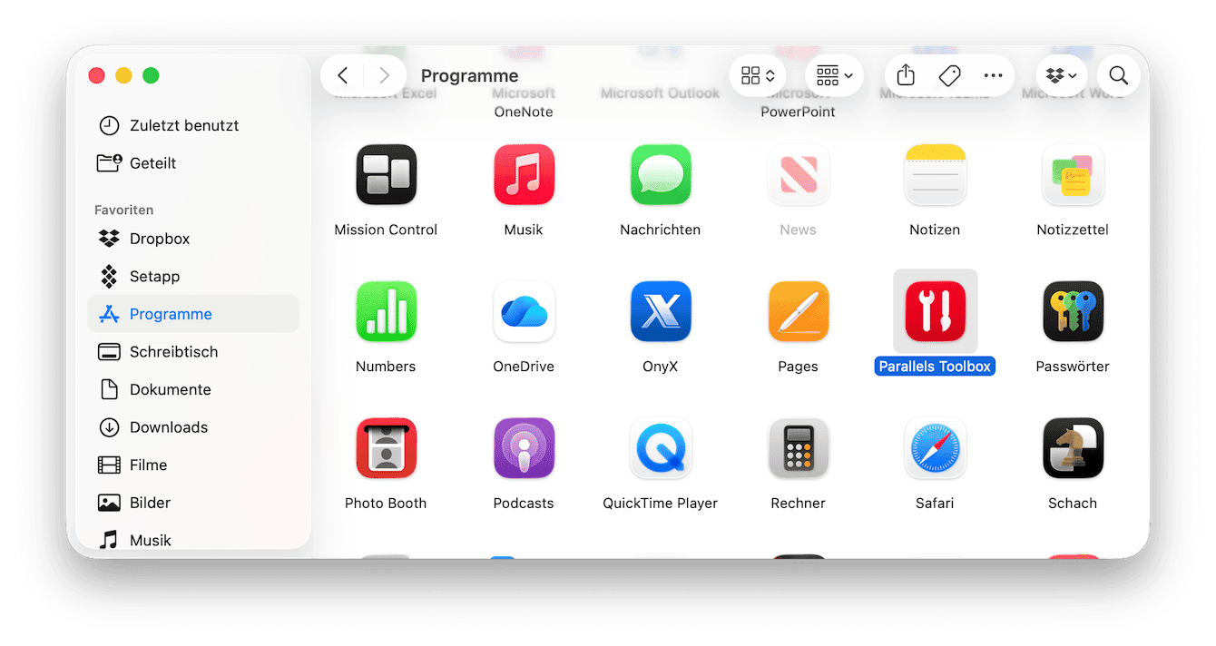 &Ouml;ffnen Sie Ihren Programme-Ordner im Finder und ziehen Sie das Parallels-Symbol in den Papierkorb
