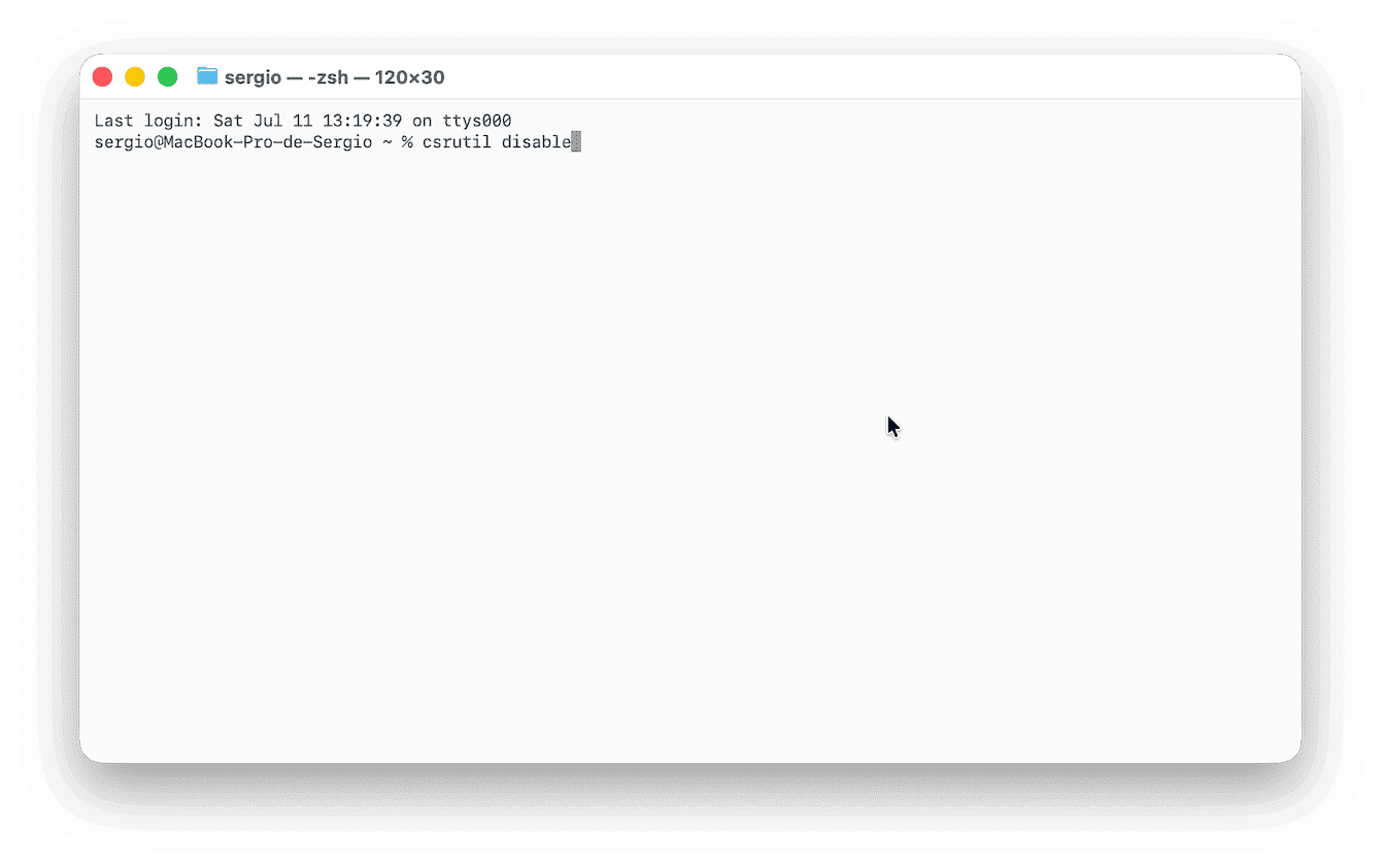 次を入力し、「Return」キーを押します：csrutil disable