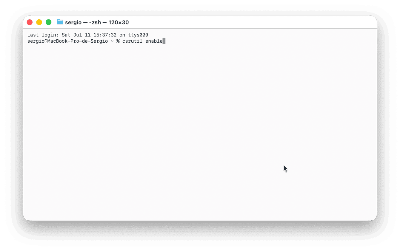 ターミナルを開き、次のコマンドを貼り付けます：csrutil enable