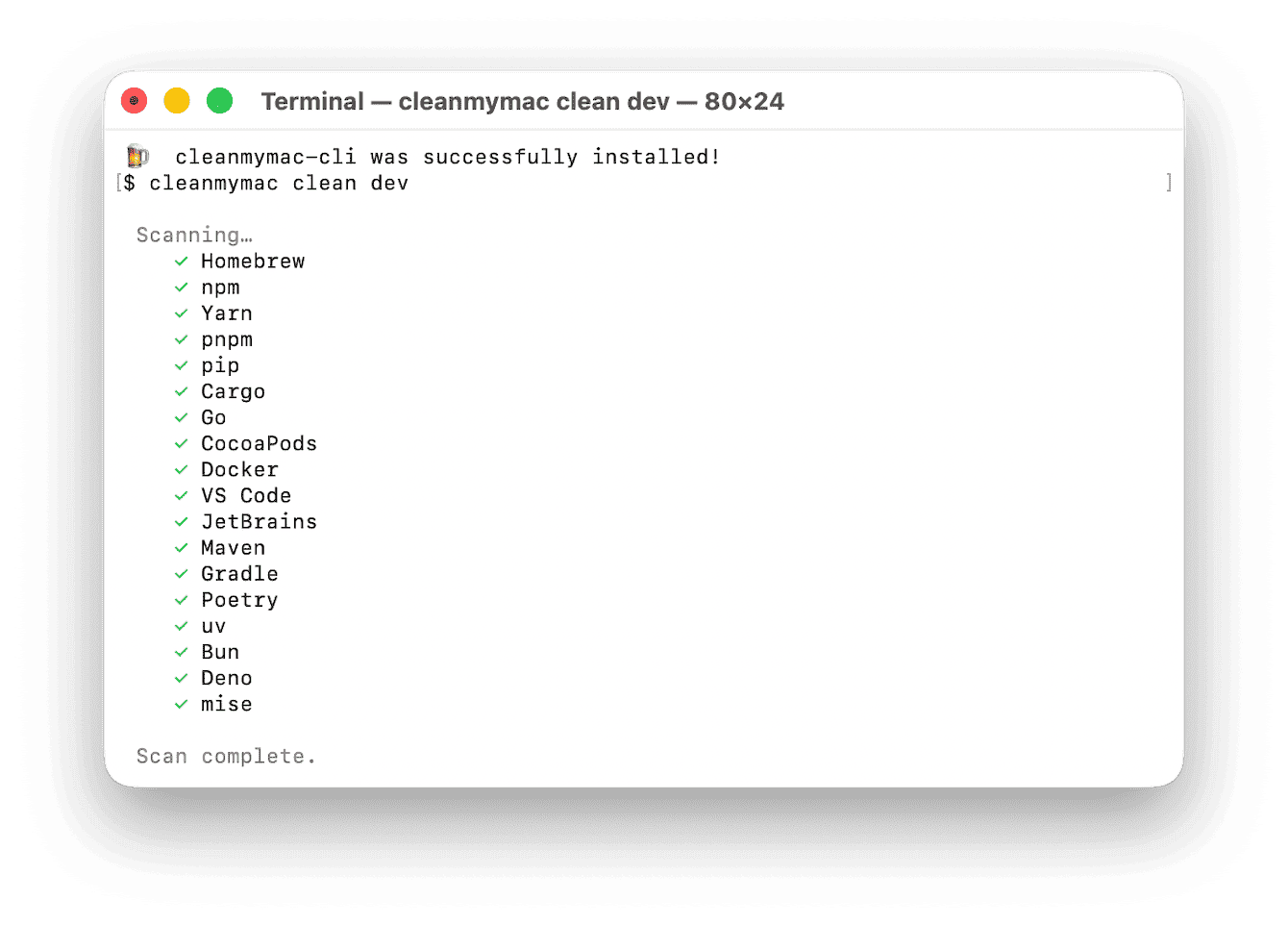 cleanmymac clean dev command in Terminal