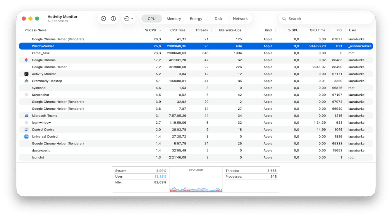 Open Activity Monitor > CPU and sort by % CPU
