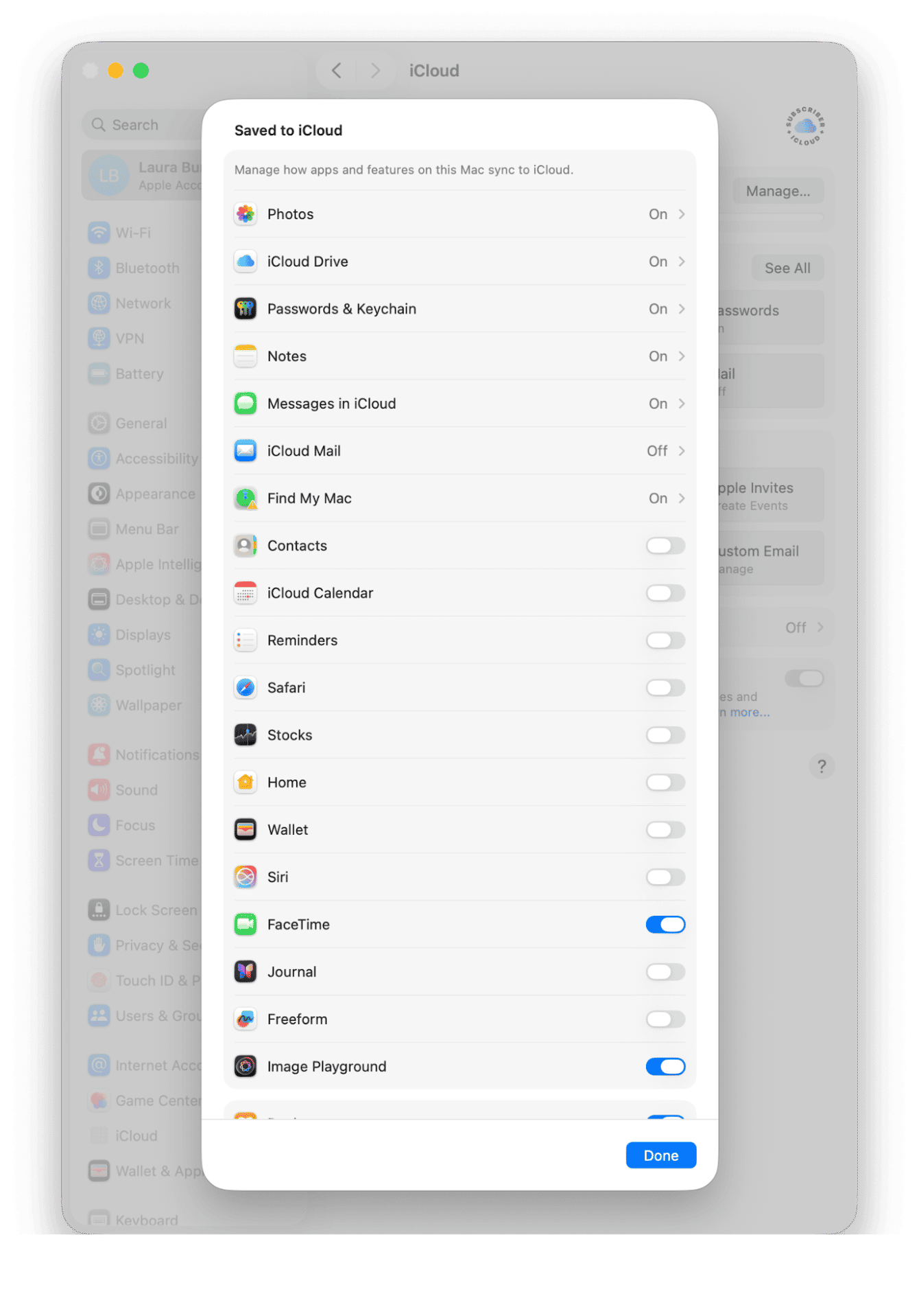 iCloud settings on Mac