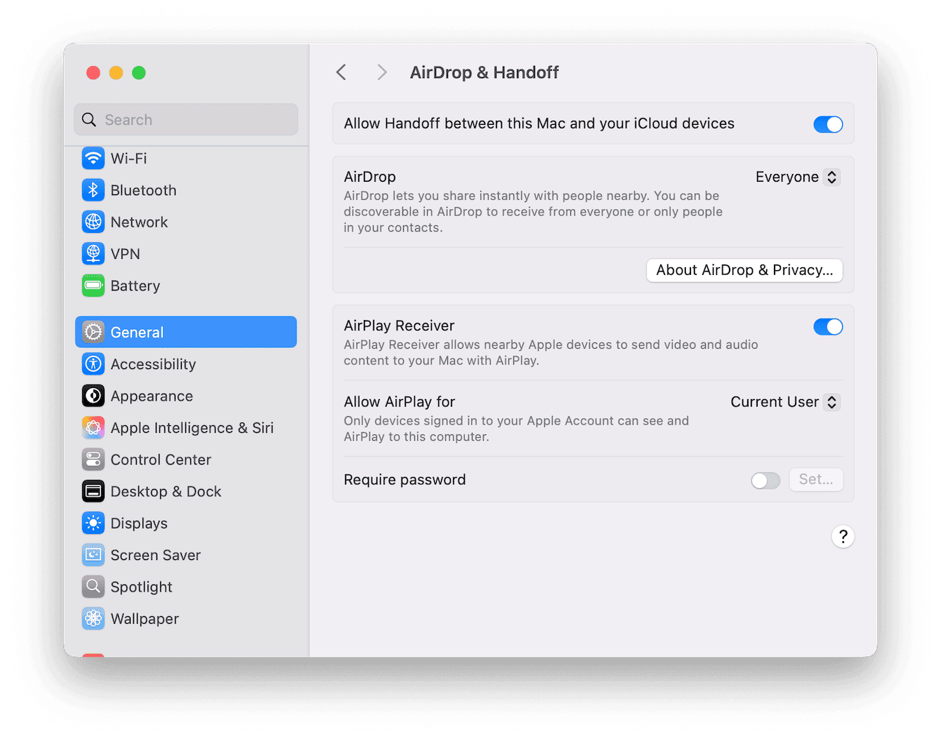 System Settings > AirDrop & Handoff