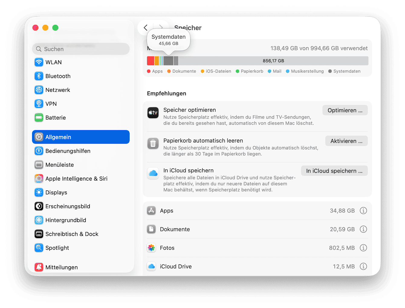&Ouml;ffnen Sie die Systemeinstellungen&nbsp;> Allgemein >&nbsp;Speicher