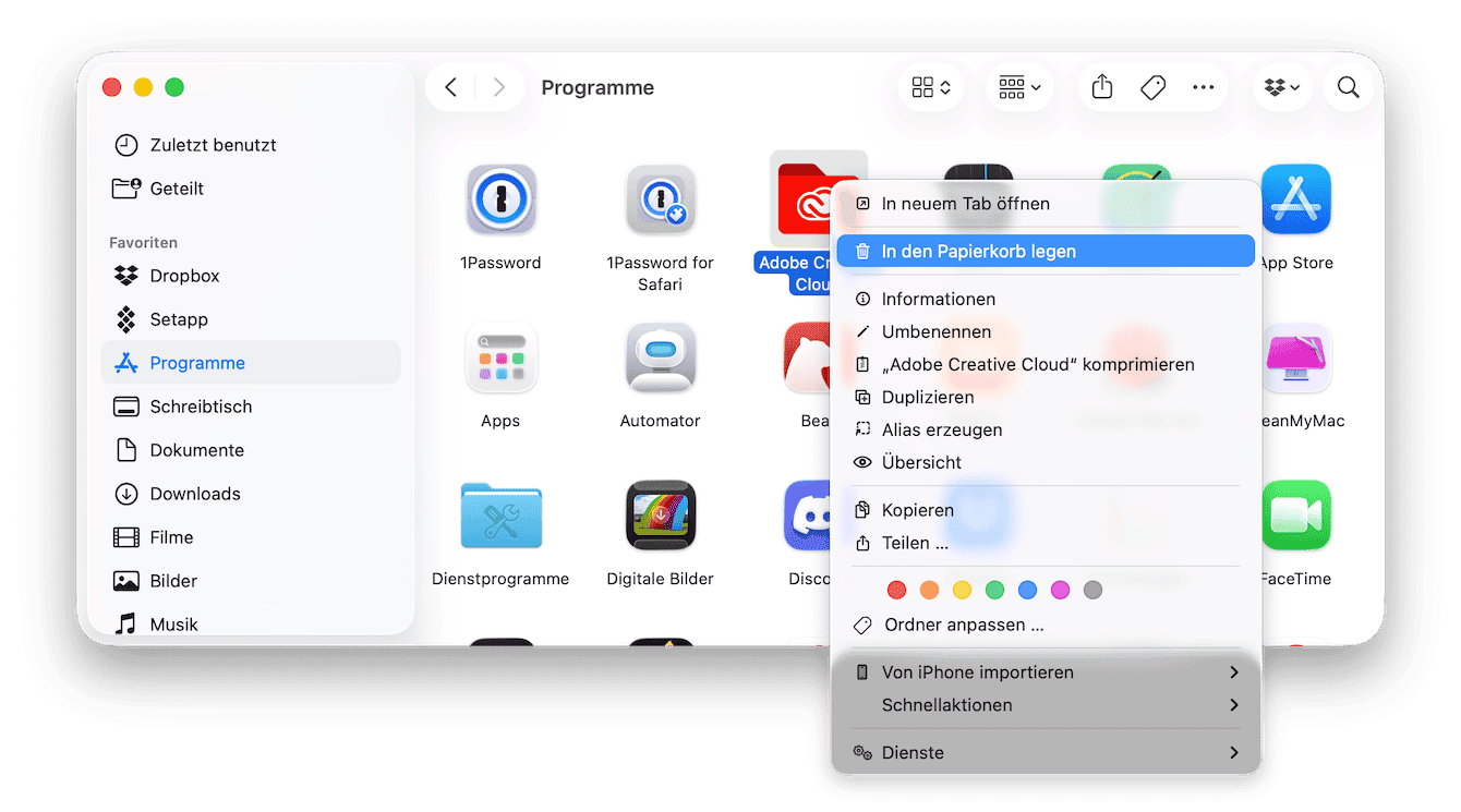 Gehen Sie zum Ordner &bdquo;Programme&ldquo; und bewegen Sie, alles was sie nicht verwenden in den Papierkorb