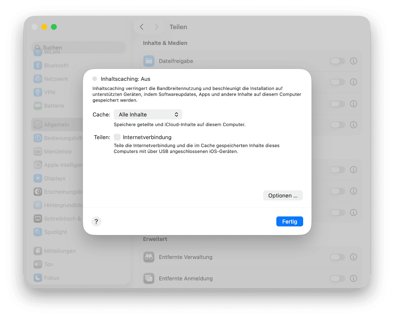 F&uuml;r macOS Ventura gehen Sie zu Systemeinstellungen > Allgemein > Freigaben und folgen Sie den obigen Schritten