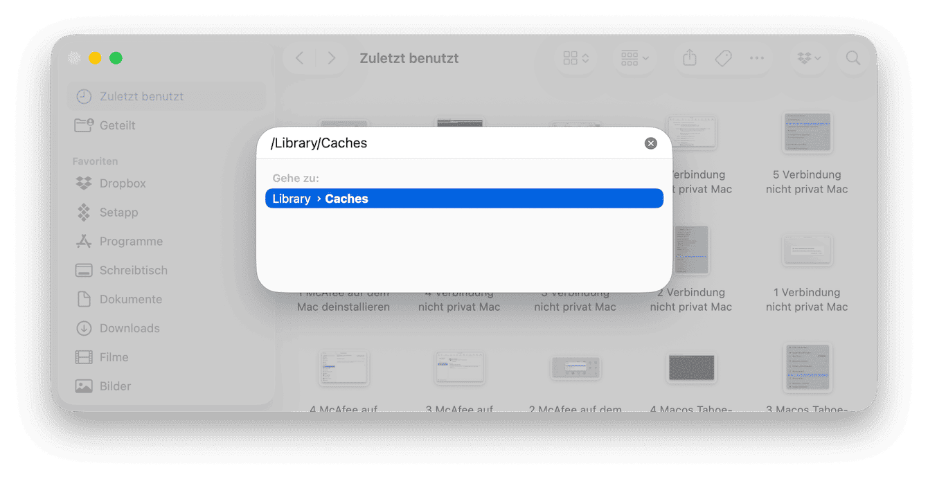 Wiederholen Sie die Aktion in /Library/Caches
