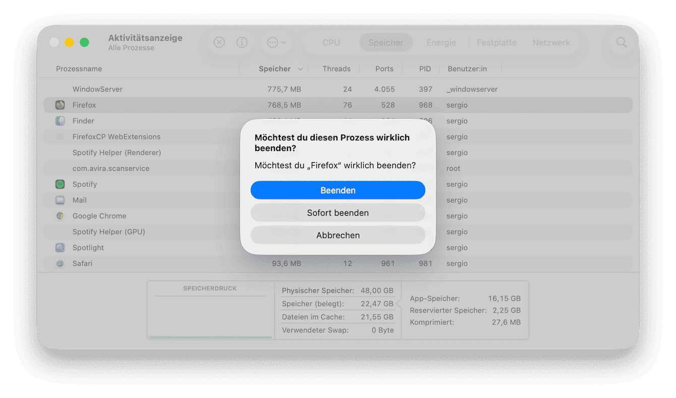 &Ouml;ffnen Sie den &bdquo;Finder&ldquo; > &bdquo;Programme&ldquo; > &bdquo;Dienstprogramme&ldquo; > &bdquo;Aktivit&auml;tsanzeige&ldquo; > &bdquo;Speicher&ldquo;