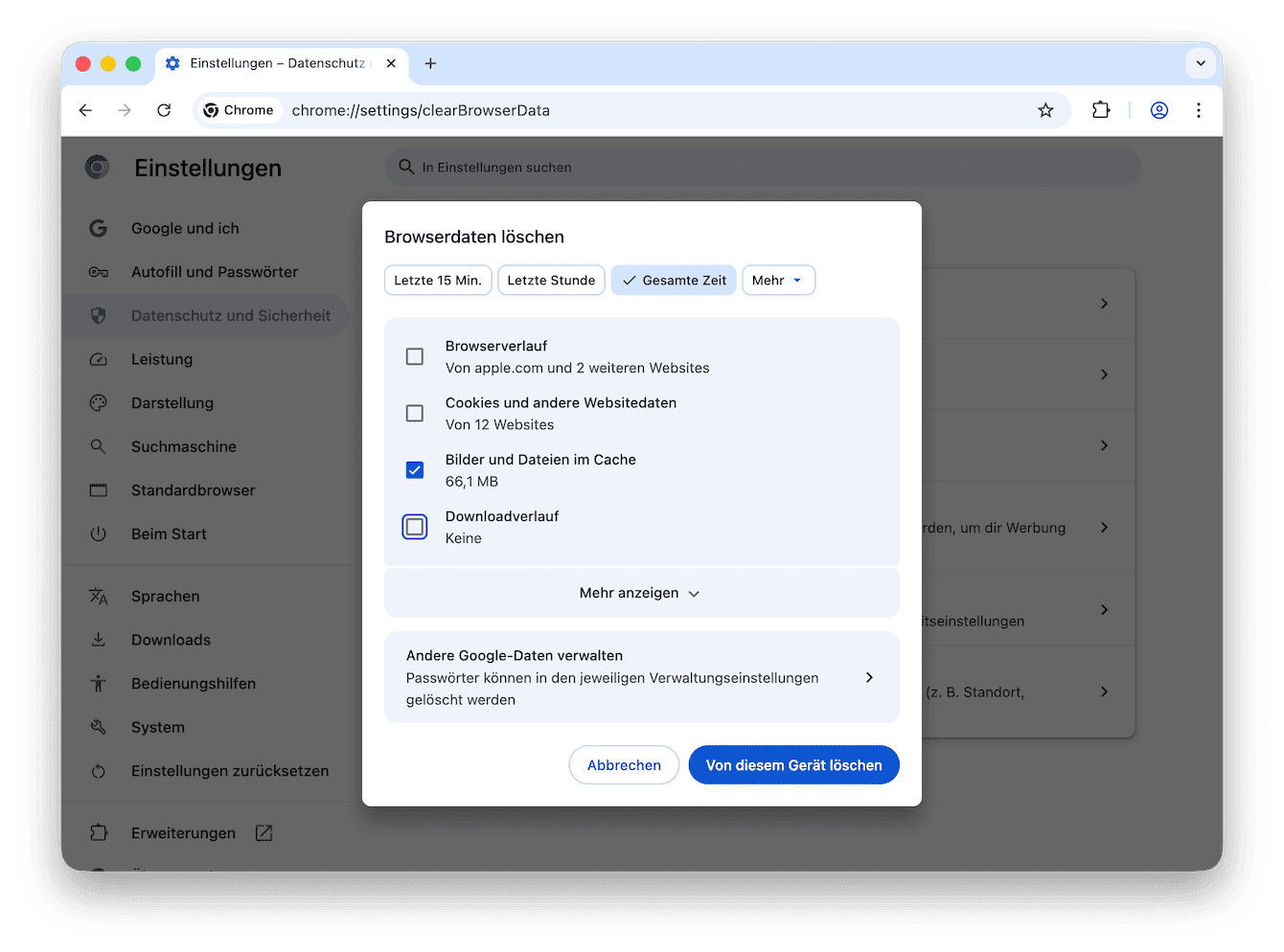 So l&ouml;schen Sie den Browser-Cache in Chrome