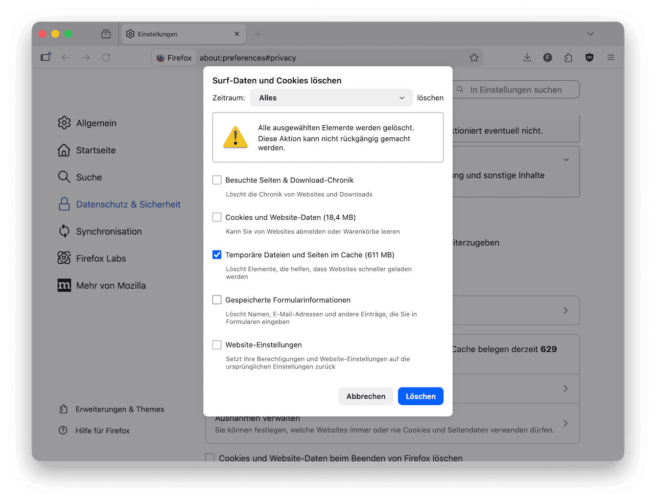 So l&ouml;schen Sie den Cache in Firefox