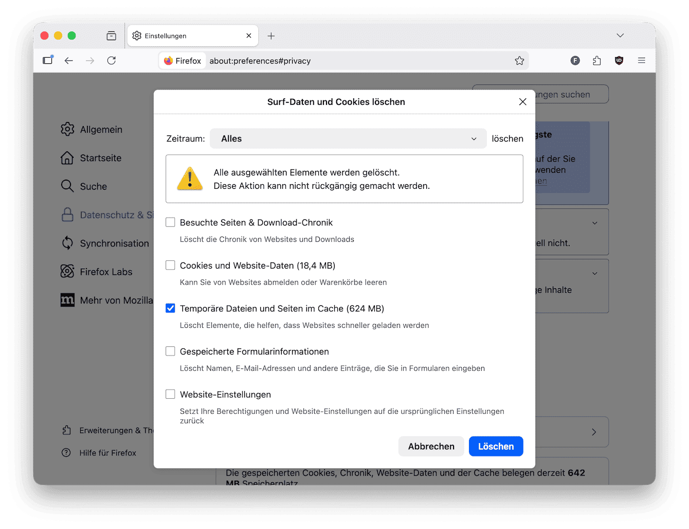 So l&ouml;schen Sie den Cache in Firefox